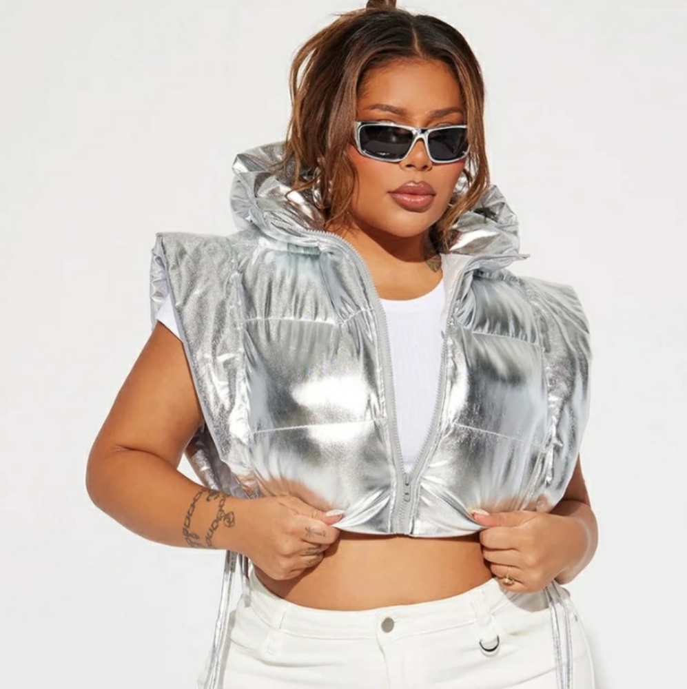 Fashion Nova Metallic Silver Hooded Vest